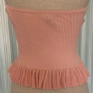 Pink Color Knit Stretchy Ribbed Ruffle Tube Top Size Small